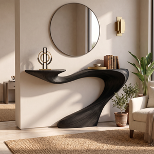 Solid Wood Console Table with Sculptural Sweeping Curve Base for Entryway Decor