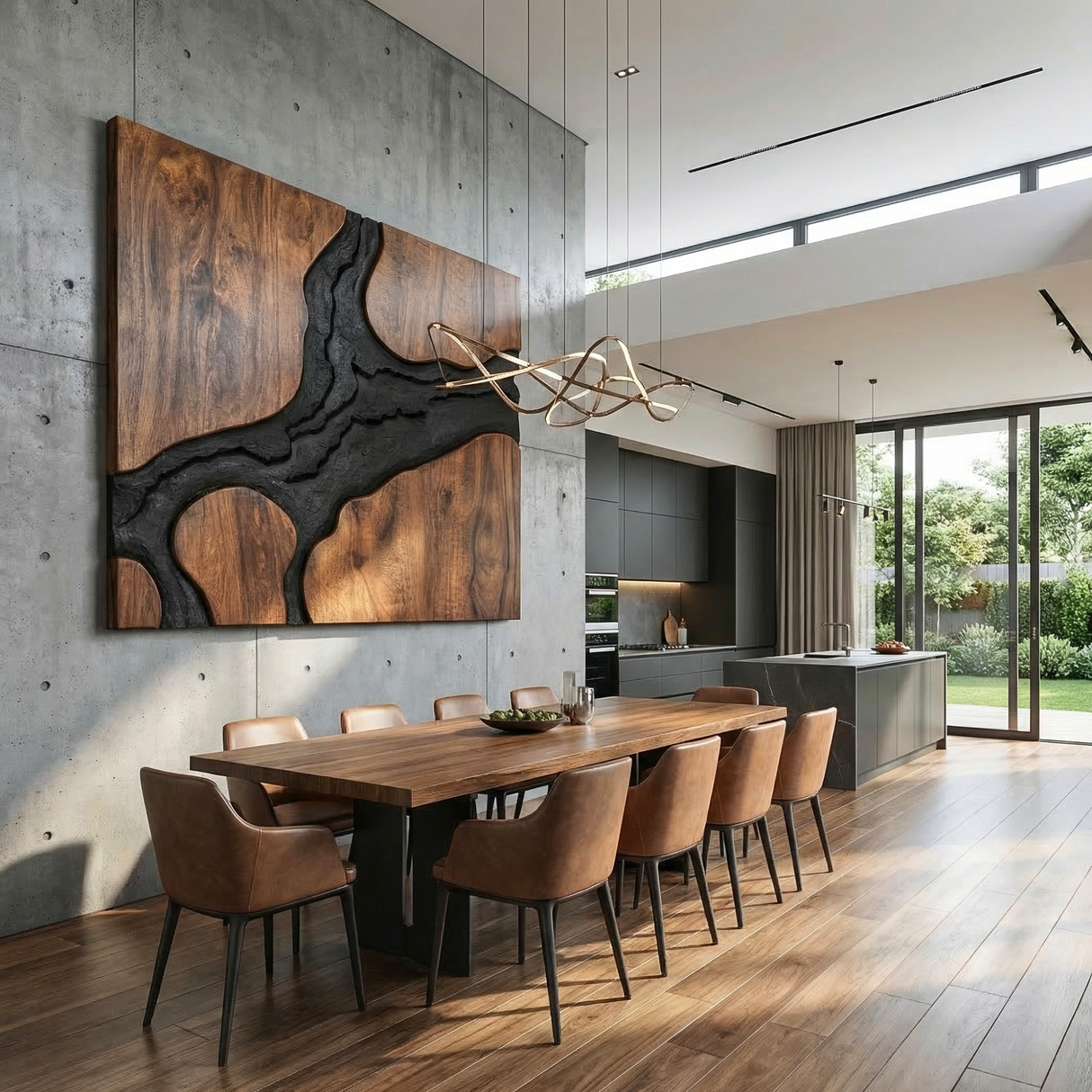 Abstract Wood Wall Art Panel with Black Organic Inlay, Large Sculptural Wall Decor