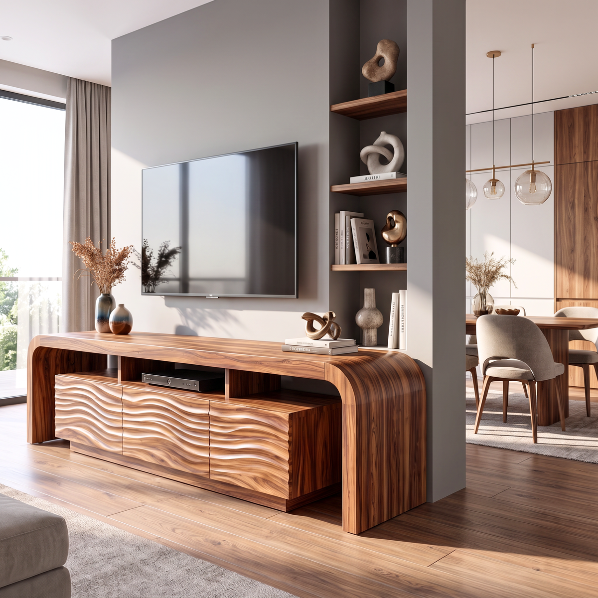 TV Stand with Waterfall Edge Frame and Sculpted Ripple Cabinet Doors