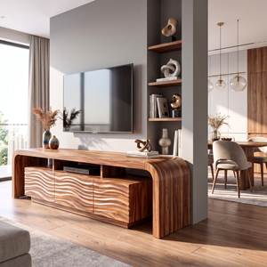 TV Stand with Waterfall Edge Frame and Sculpted Ripple Cabinet Doors