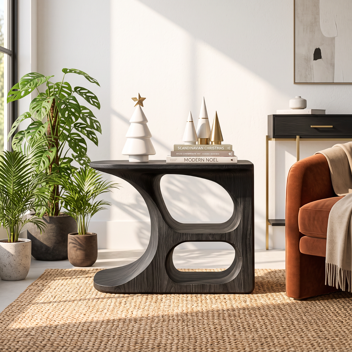 Sculptural Solid Wood Side Table with Open Storage Compartments