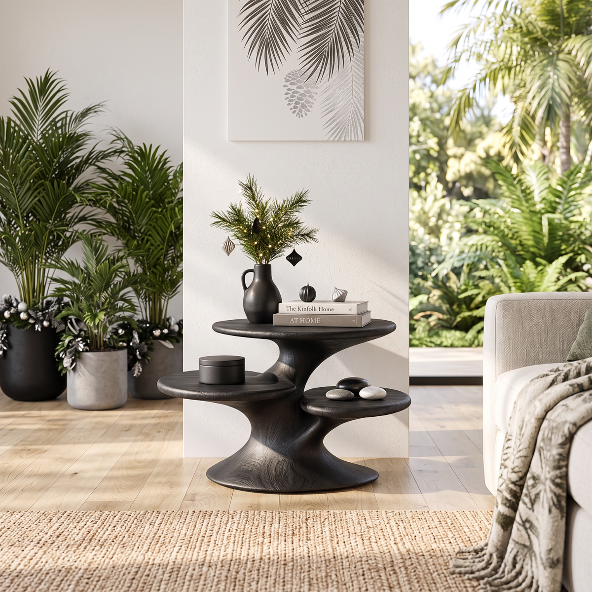 Sculptural Solid Wood Side Table with Three Tier Organic Shelves