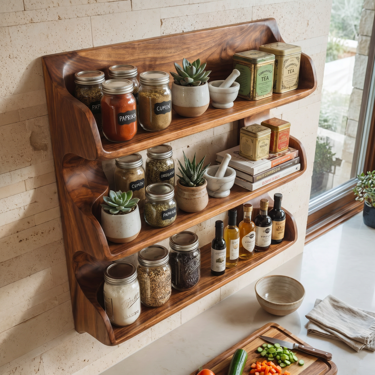 Solid Wood Organic Wall Spice Rack with Flowing Three Shelf Design