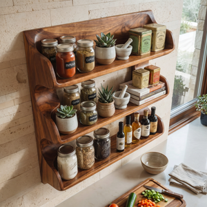 Solid Wood Organic Wall Spice Rack with Flowing Three Shelf Design