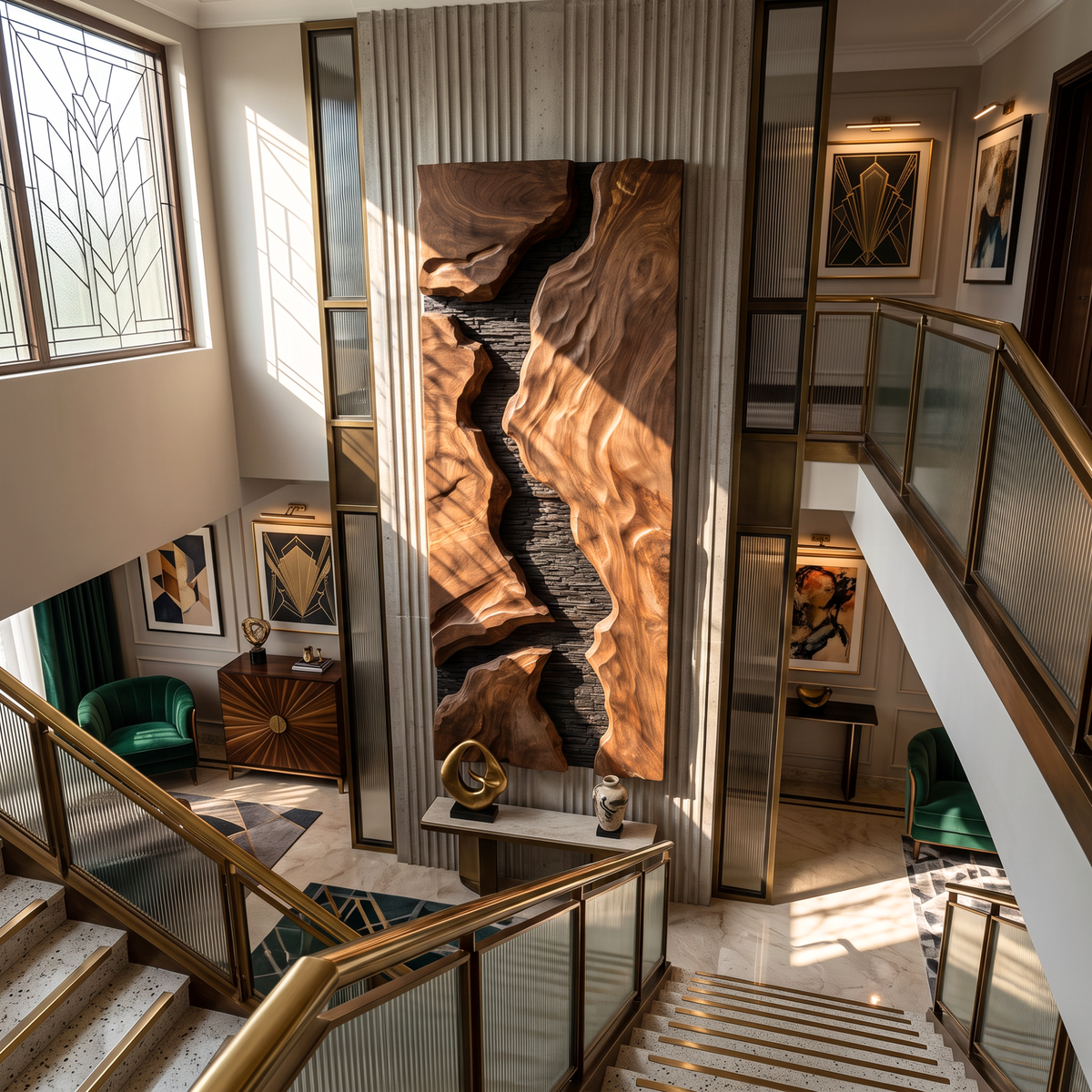 Natural Solid Wood Wall Art with Sculpted Gorge Forms and Black Stone Texture