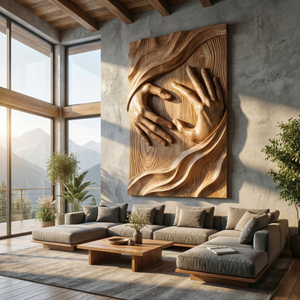 Handcrafted Solid Wood Wall Sculpture with Connected Hands and Flowing Grain Landscape