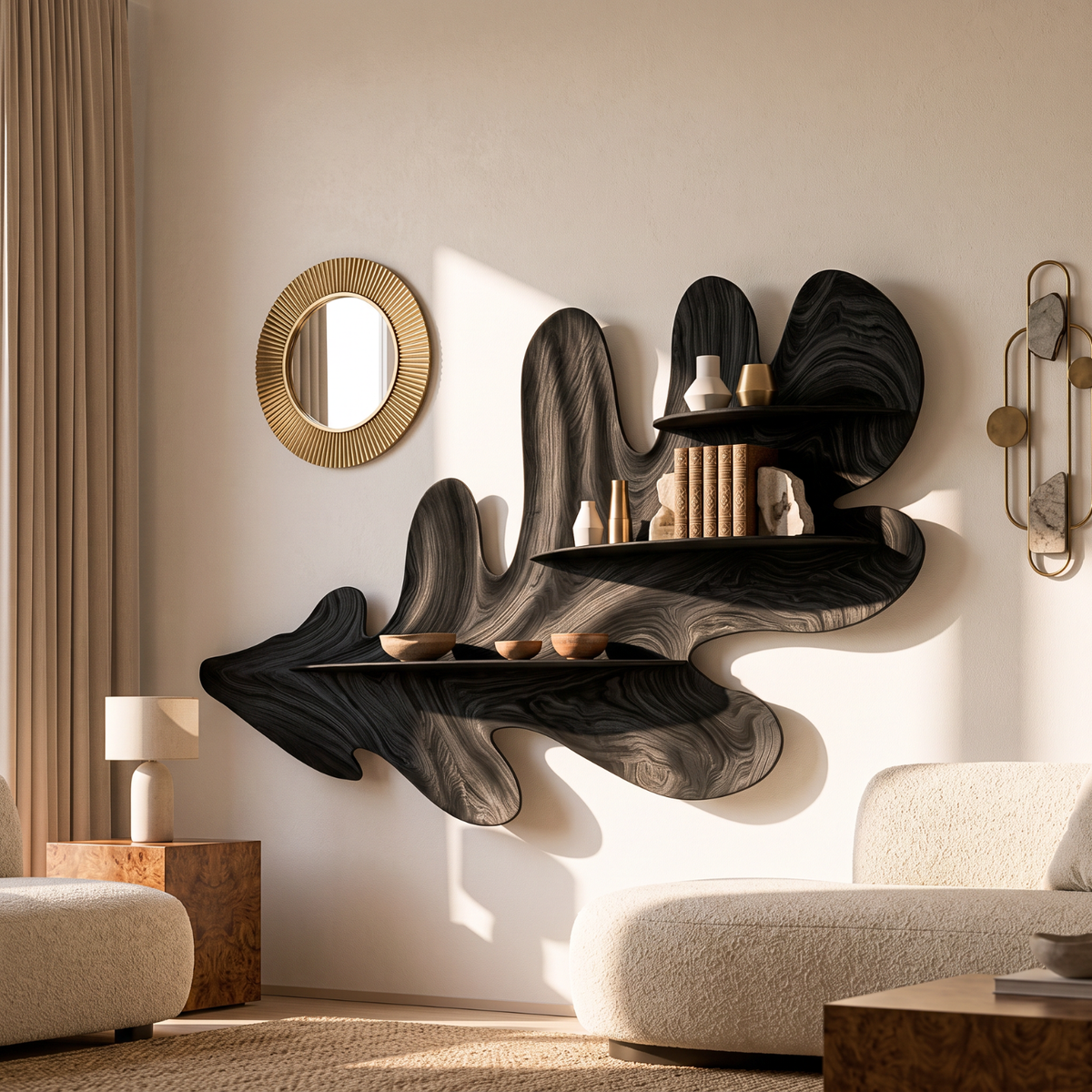 Organic Leaf Solid Wood Wall Shelf with Sculptural Floating Display Shelves