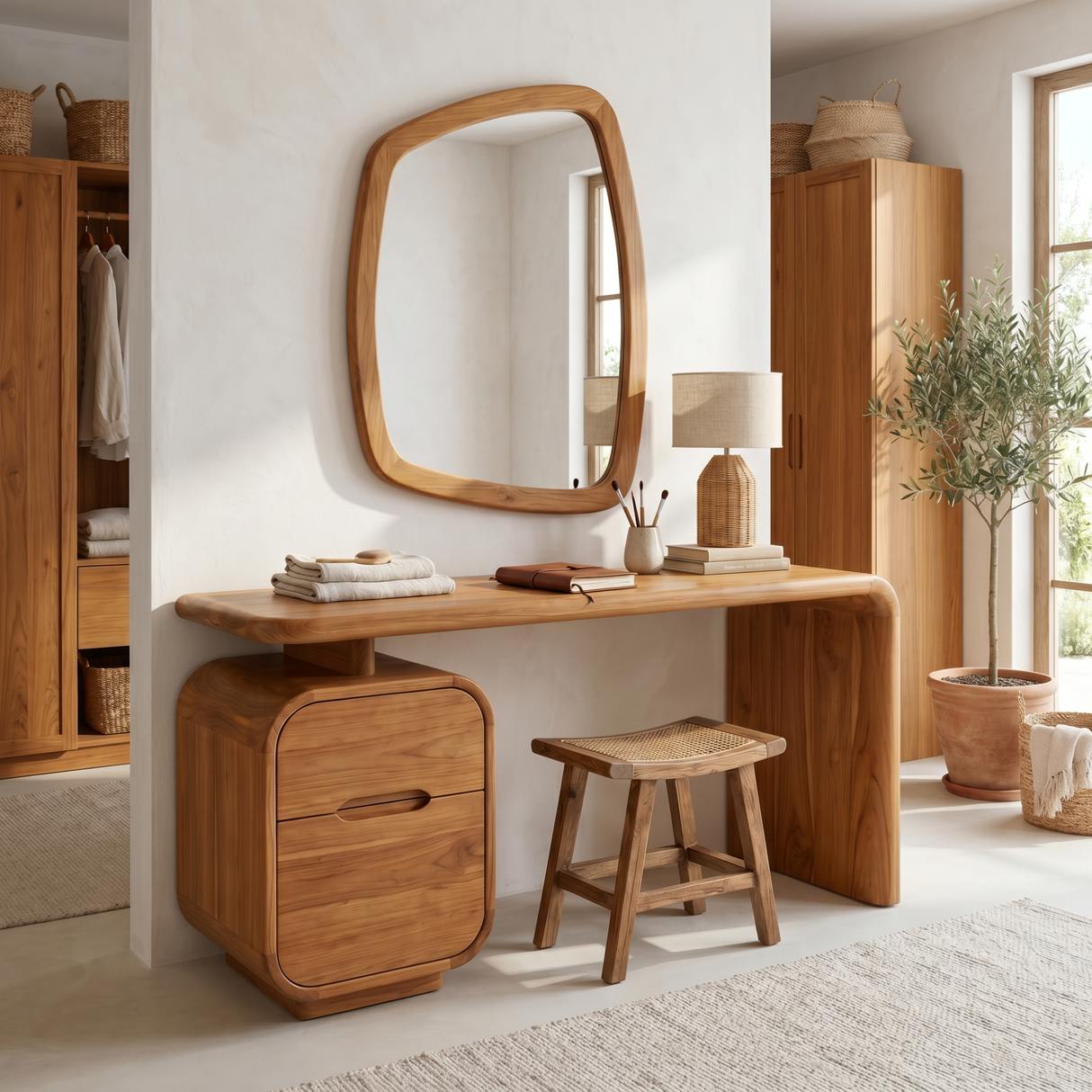 Solid Wood Makeup Vanity Desk with Rounded Storage Cabinet and Waterfall Leg