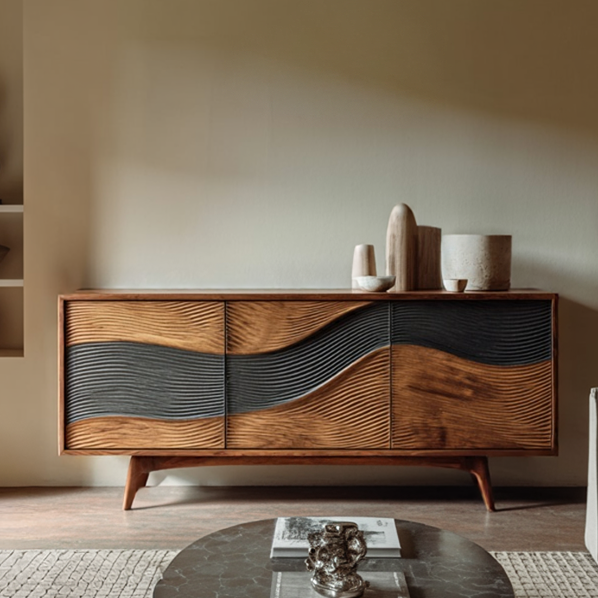 Solid Wood Sideboard with Sculpted Wave Front Modern Artistic Storage Buffet Cabinet for Living Room