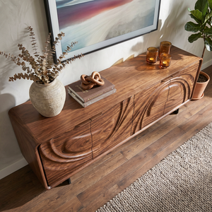 Handcrafted Solid Wood Media Cabinet with Fluid Carved Front