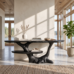 Sculptural Solid Wood Console Table with Organic Root Frame and Display Shelf