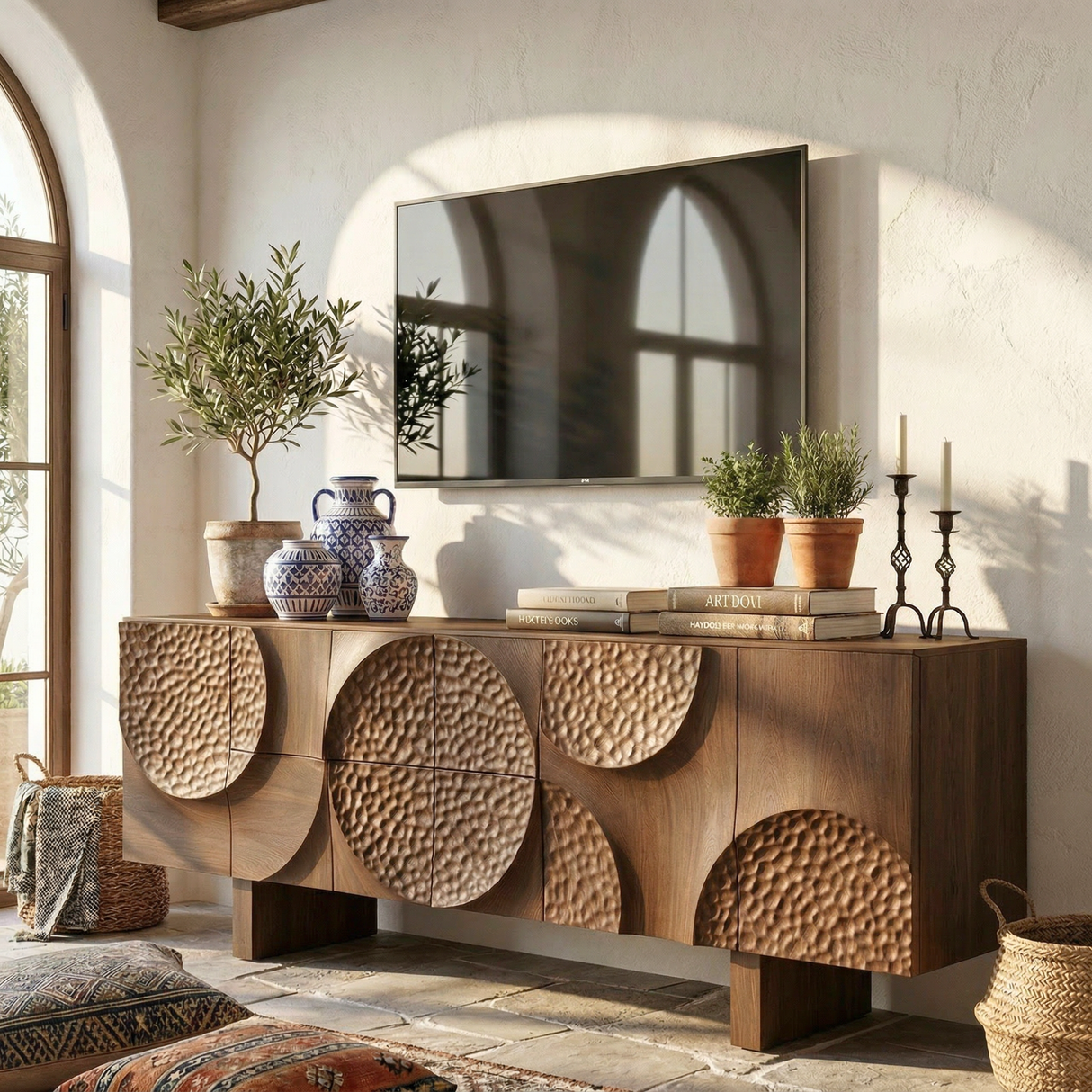 Solid Wood TV Cabinet with Sculptural Carved Doors for Organic Modern Interiors
