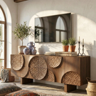 Solid Wood TV Cabinet with Sculptural Carved Doors for Organic Modern Interiors