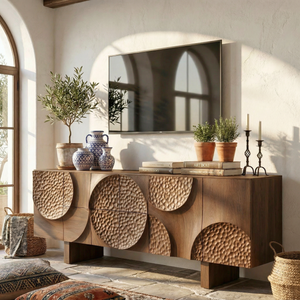 Solid Wood TV Cabinet with Sculptural Carved Doors for Organic Modern Interiors