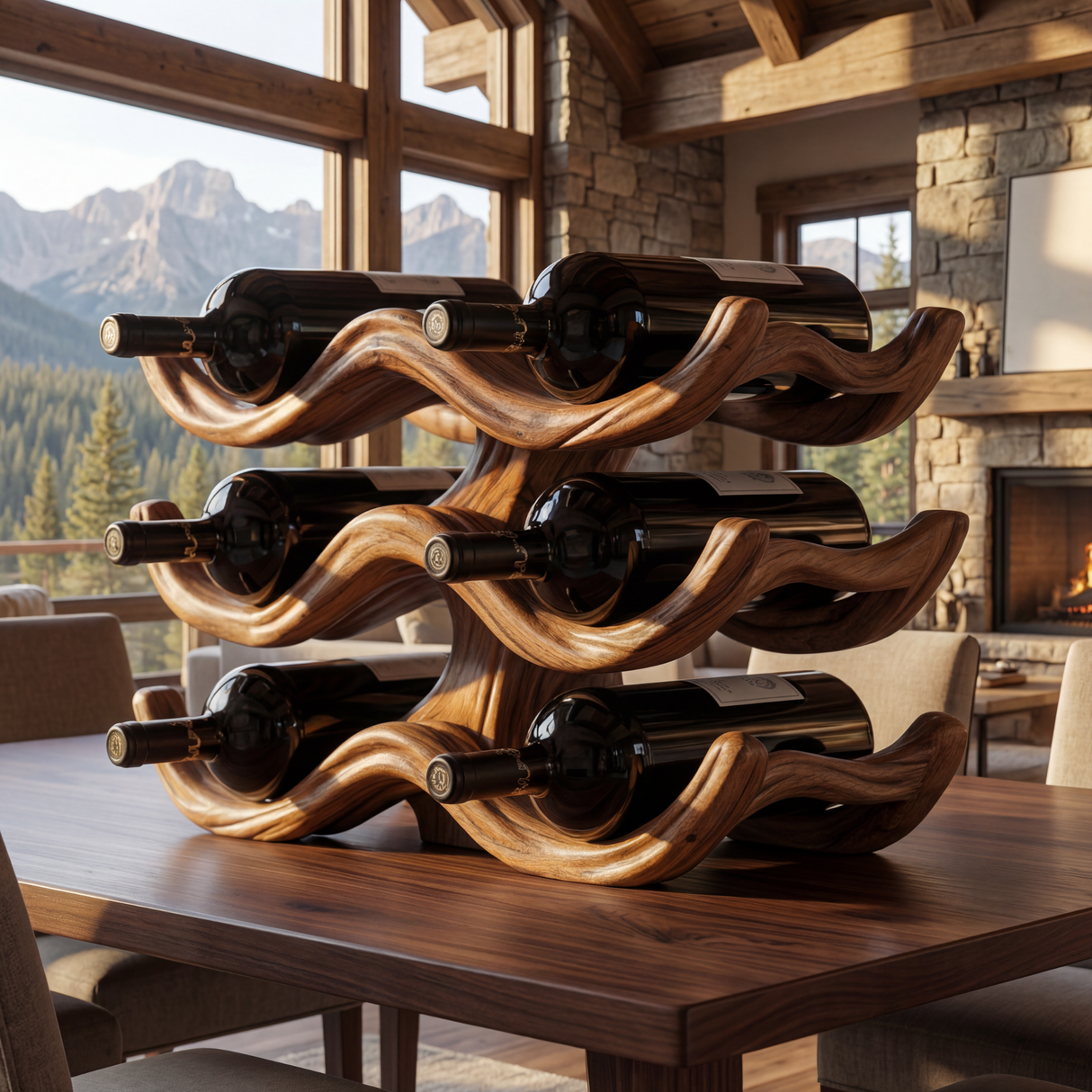 Sculptural Solid Wood Wine Rack Wave Form Bottle Holder Multi Layer Countertop Display