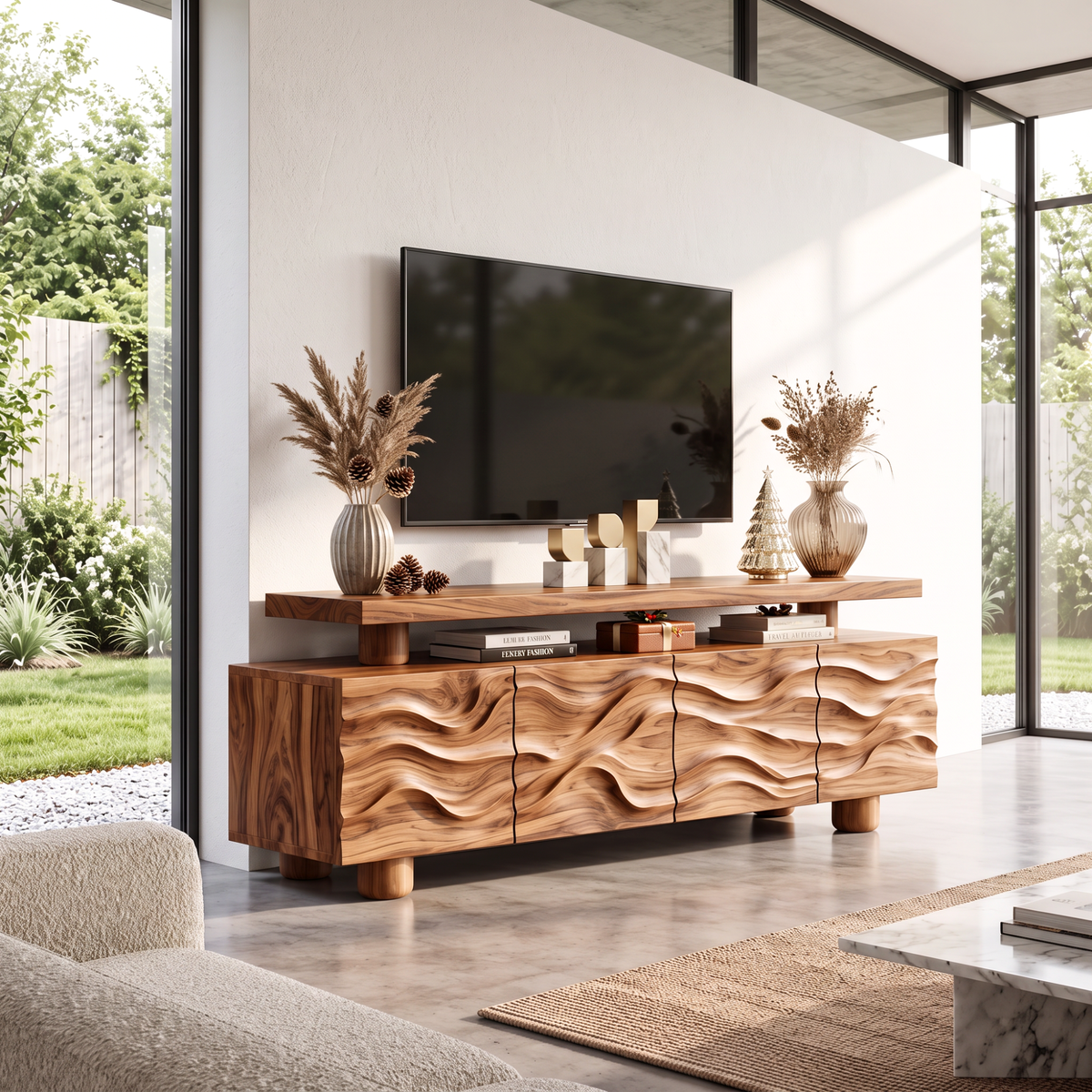 TV Stand with Raised Floating Top and Hand Carved Wave Cabinet Doors