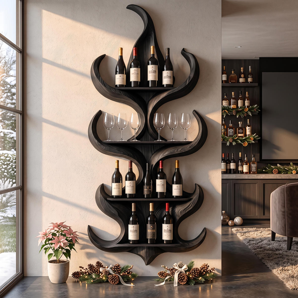Flame Silhouette Solid Wood Wall Wine Rack with Four Display Tiers