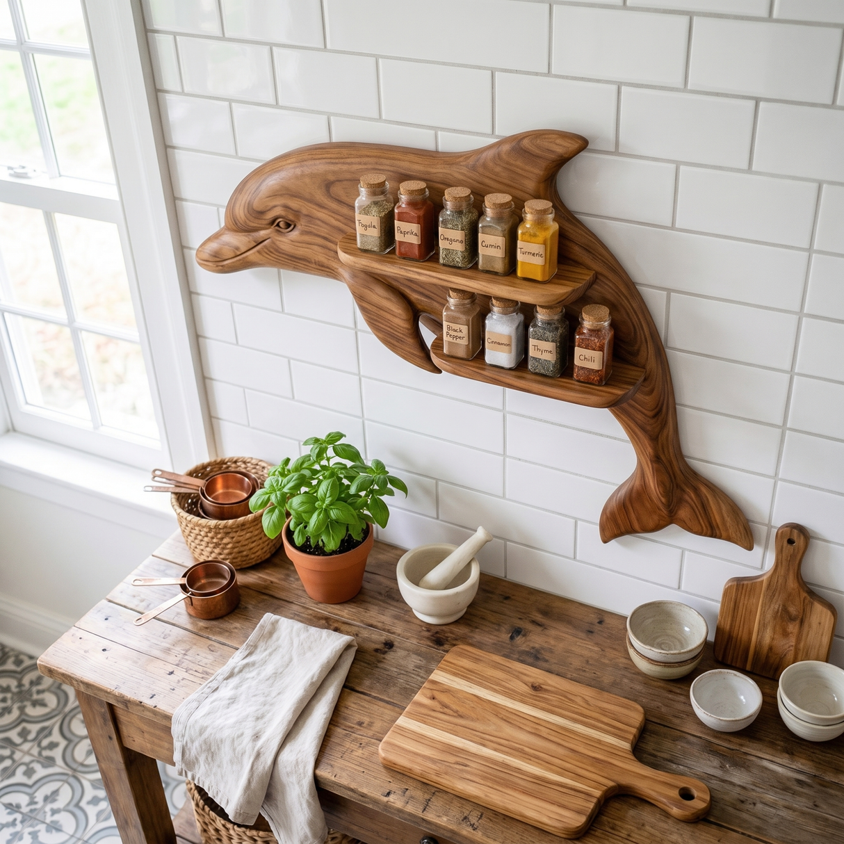 Sculptural Solid Wood Dolphin Spice Rack with Double Wall Shelves