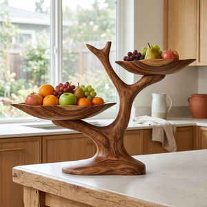 Handcrafted Two-Tier Solid Wood Fruit Bowl with Sculptural Tree Branch Stand