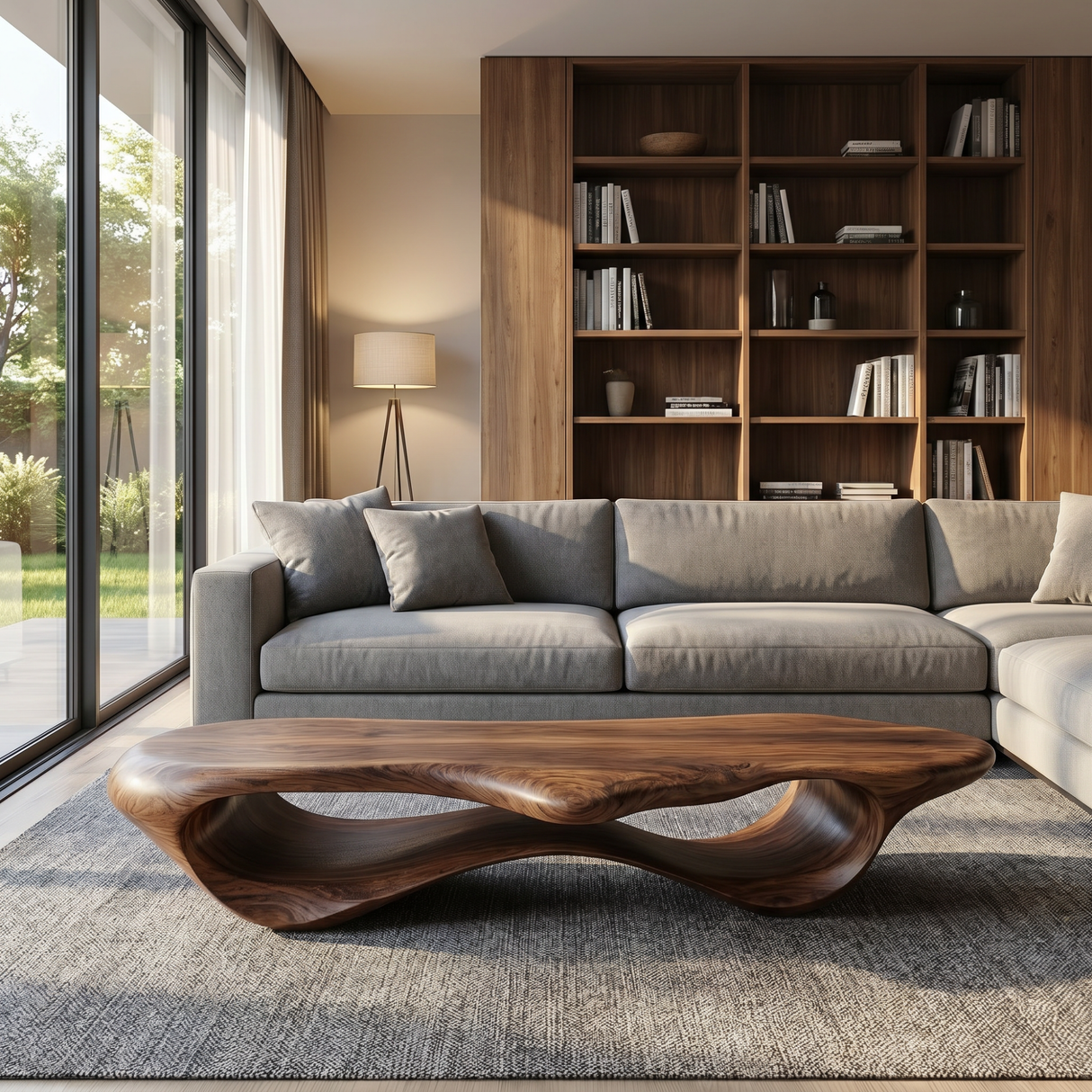 Handcrafted Organic Solid Wood Coffee Table with Continuous Hollow Wave Base