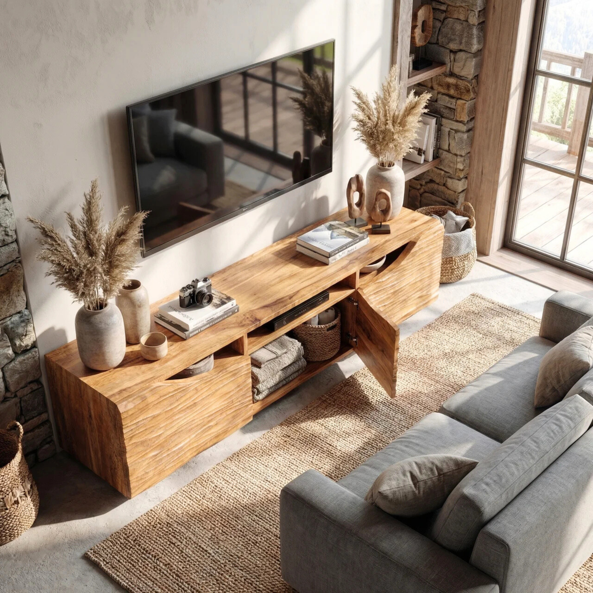 Sculptural Wood TV Cabinet with Carved Wave Front for Modern Interiors