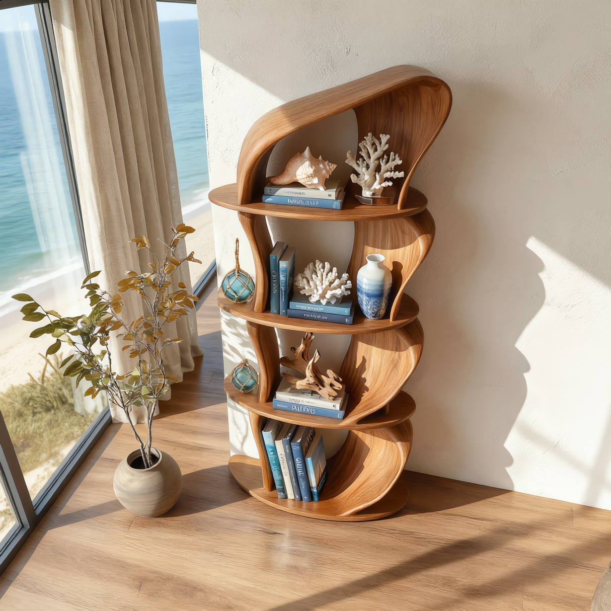 Solid Wood Sculptural Bookshelf with Asymmetrical Curves for Organic Modern Interiors