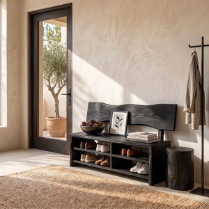 Handcrafted Solid Wood Shoe Cabinet with Open Shelves and Organic Backrest
