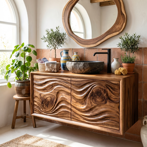 Artisan Solid Wood Bathroom Vanity with Hand Carved Wave Front