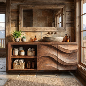 Sculptural Solid Wood Bathroom Vanity Cabinet with Flowing Carved Front