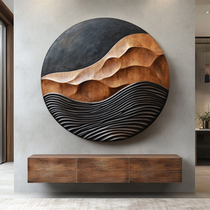 Solid Wood Round Wall Art with Carved Mountain Relief and Layered Wave Texture