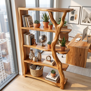 Organic Solid Wood Bookshelf with Branch Inspired Side Support