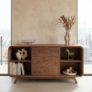 Handcrafted Solid Wood Sideboard with Three Drawers and Open Shelving