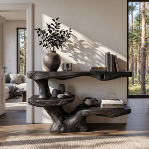 Solid Wood Console Table with Asymmetrical Floating Shelves and Sculptural Trunk Base