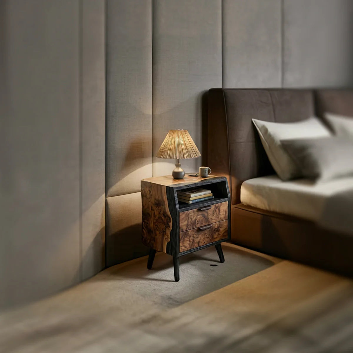 Modern Two-Tone Solid Wood Nightstand with Open Shelf & Double Drawers