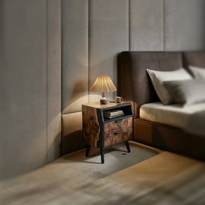 Modern Two-Tone Solid Wood Nightstand with Open Shelf & Double Drawers