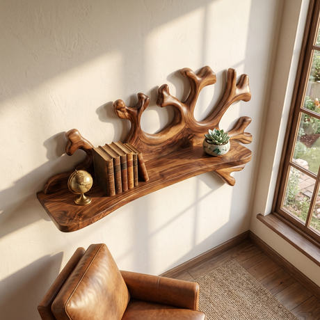Handcrafted Solid Wood Coral Reef Wall Shelf with Display Ledge