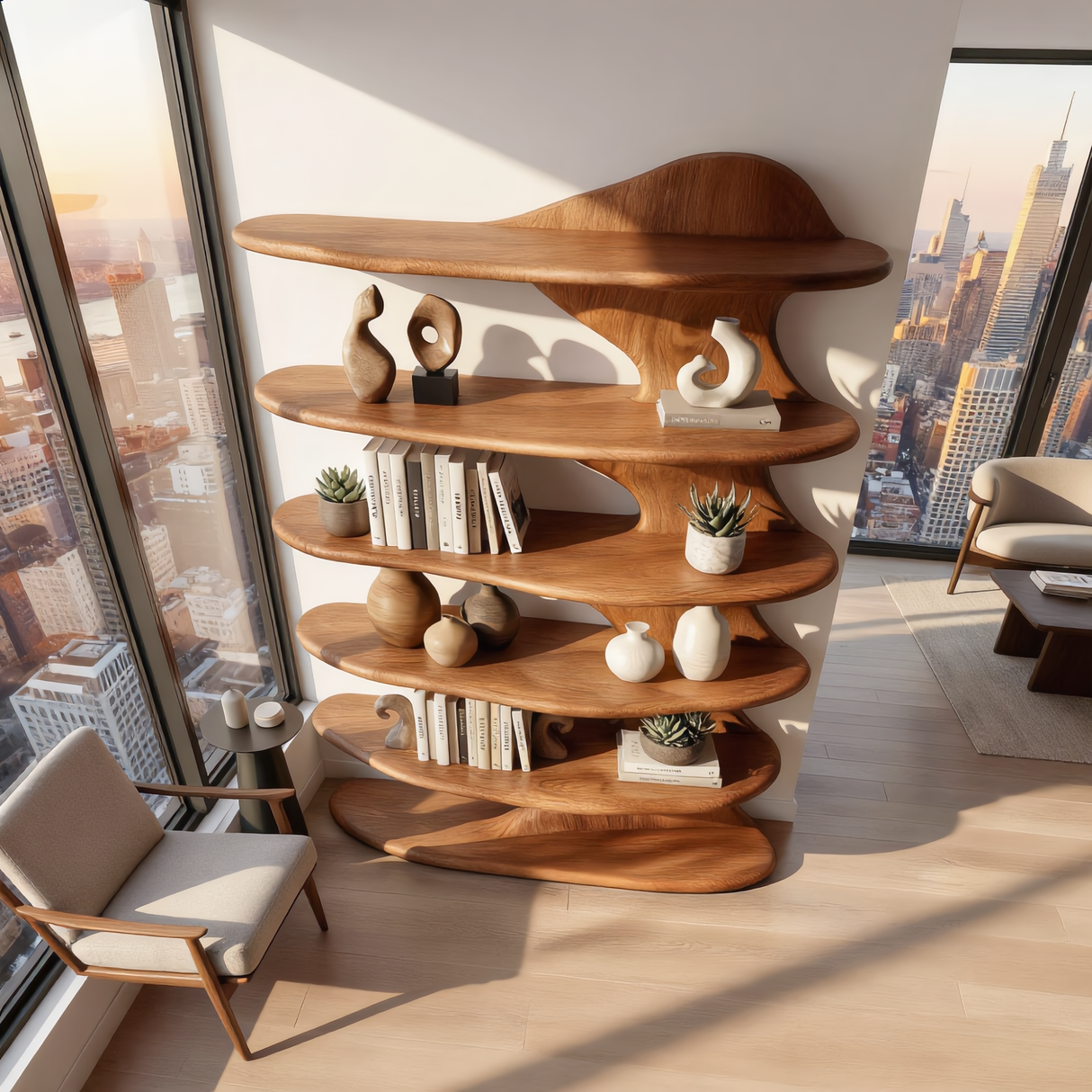 Organic Curved Solid Wood Bookshelf for Minimalist Interiors