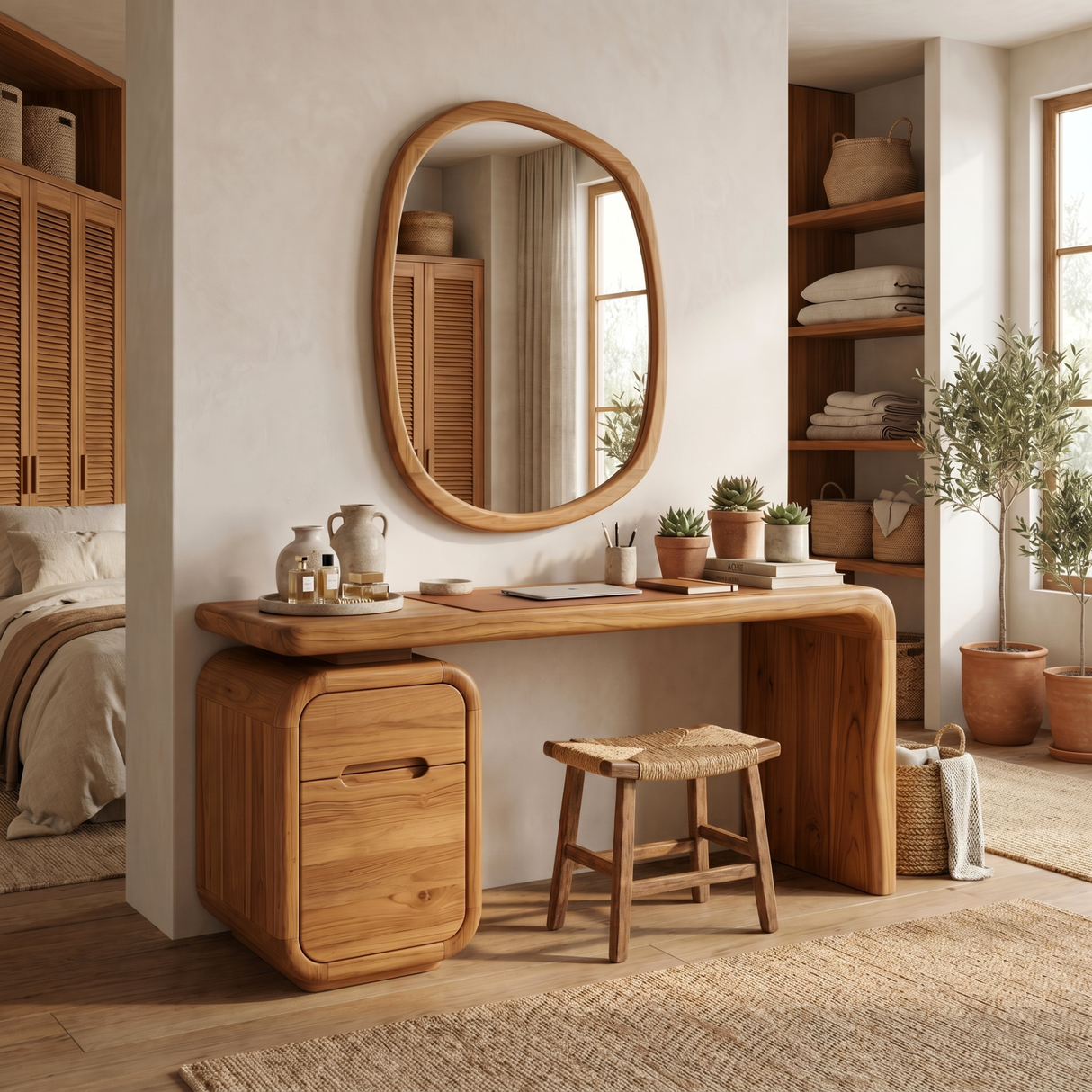 Solid Wood Vanity Desk with Rounded Drawer Pedestal and Waterfall Side