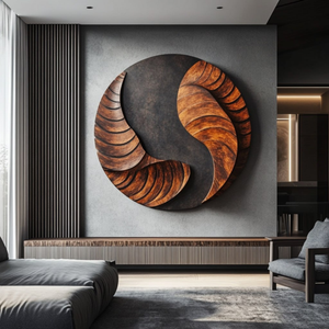 Handcrafted Round Wood Wall Sculpture with Layered Spiral Relief and Dark Center Flow