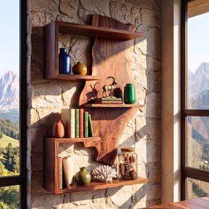 Solid Wood Live Edge Wall Shelf Sculptural Frame Multi Tier Display for Living Room