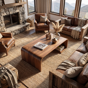 Solid Wood Coffee Table with Curved Waterfall Frame and Shelf