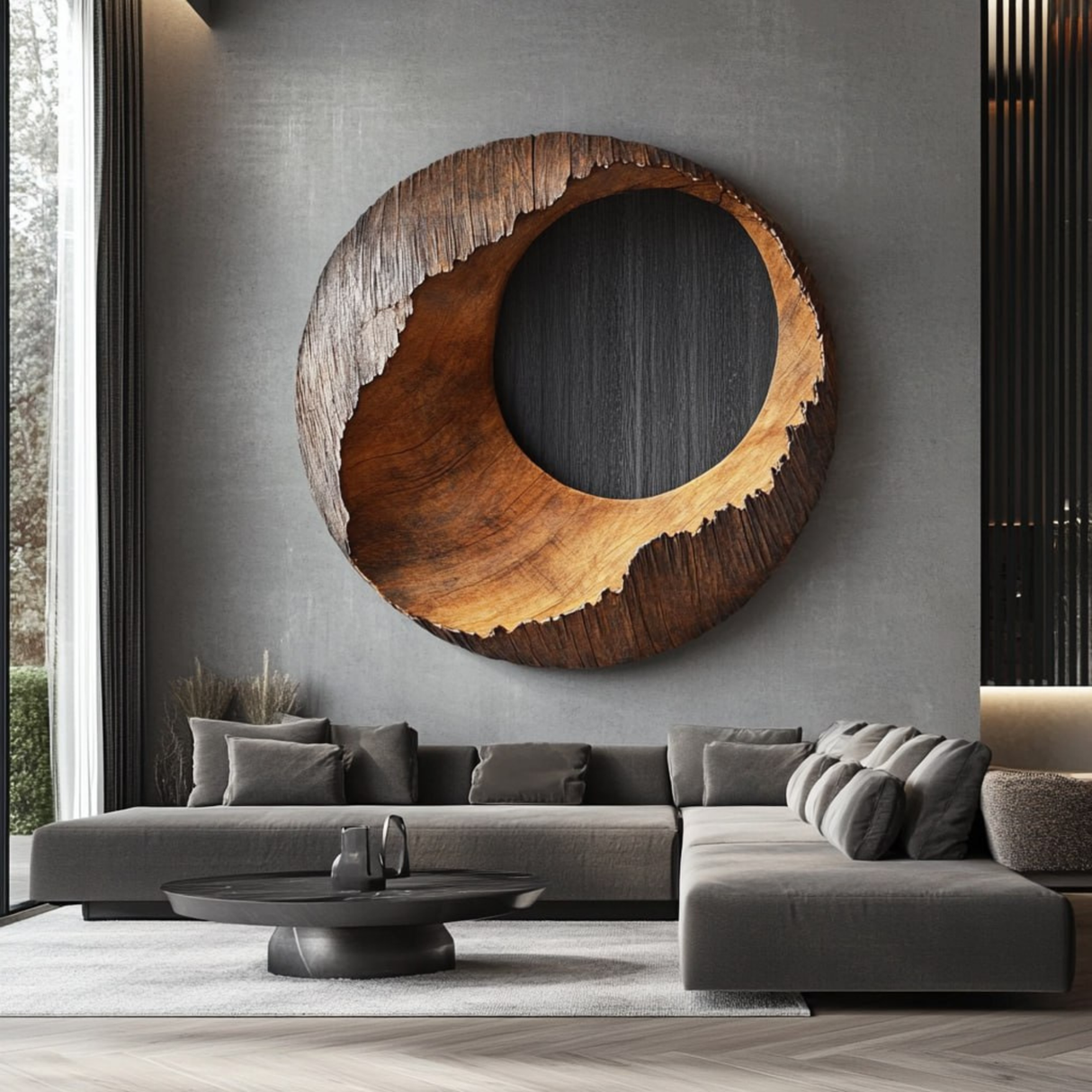 Textured Solid Wood Eclipse Wall Sculpture with Open Center and Natural Edge