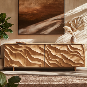 Sideboard Solid Wood with Sculptural Layered Wave Doors