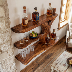 Handcrafted Solid Wood Wall Mounted Bar Shelf with Organic Open Display