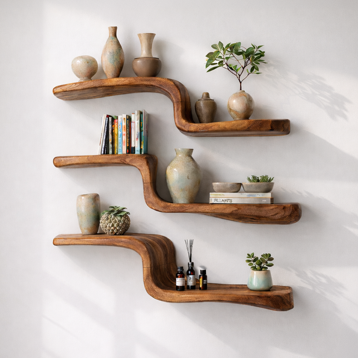 Handcrafted Solid Wood Wave Wall Shelf for Modern Interiors