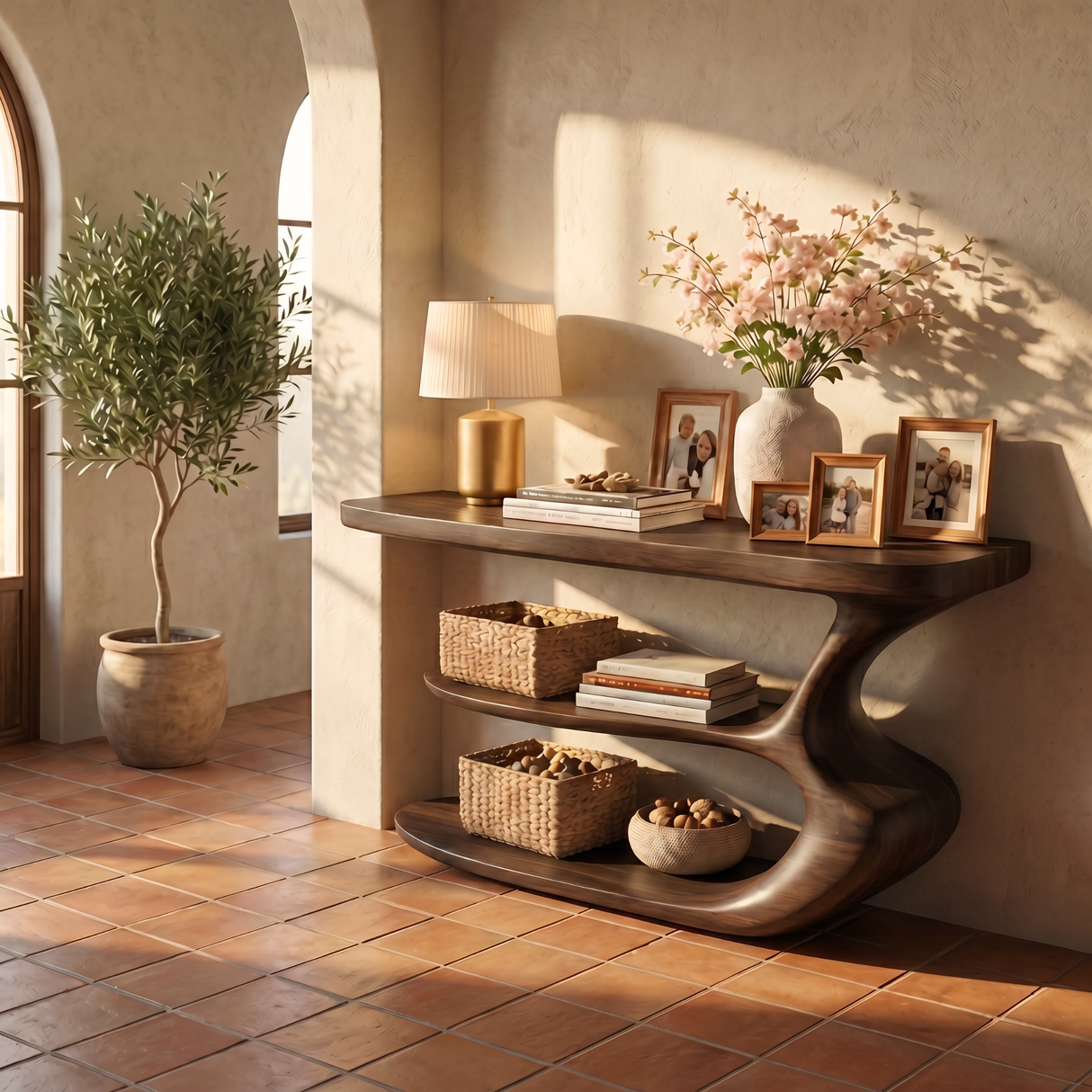 Organic Wooden Console Shelf Handmade Sculptural Storage Table