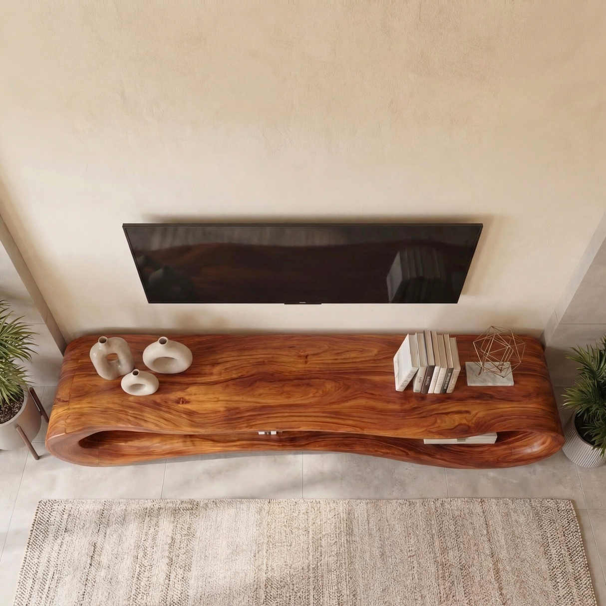 Sculptural Solid Wood TV Cabinet, Organic Modern Media Console for Living Room
