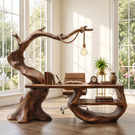 Sculptural Organic Wood Desk With Hanging Lamp Modern Handmade