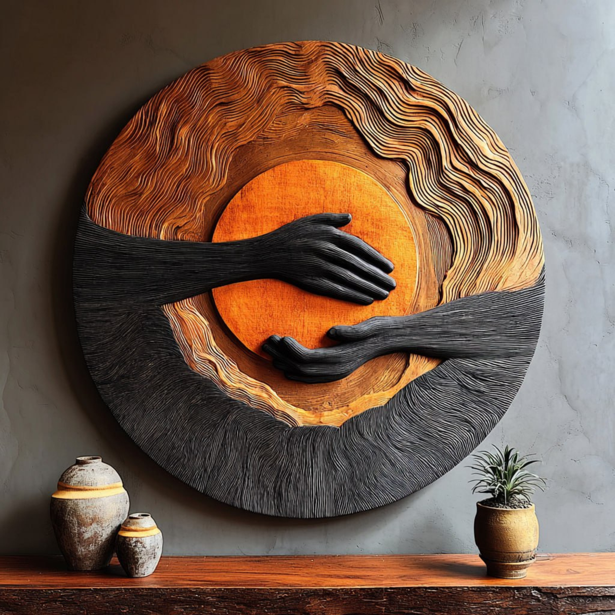 Solid Wood Wall Sculpture with Layered Sunset Relief and Reaching Hand Design