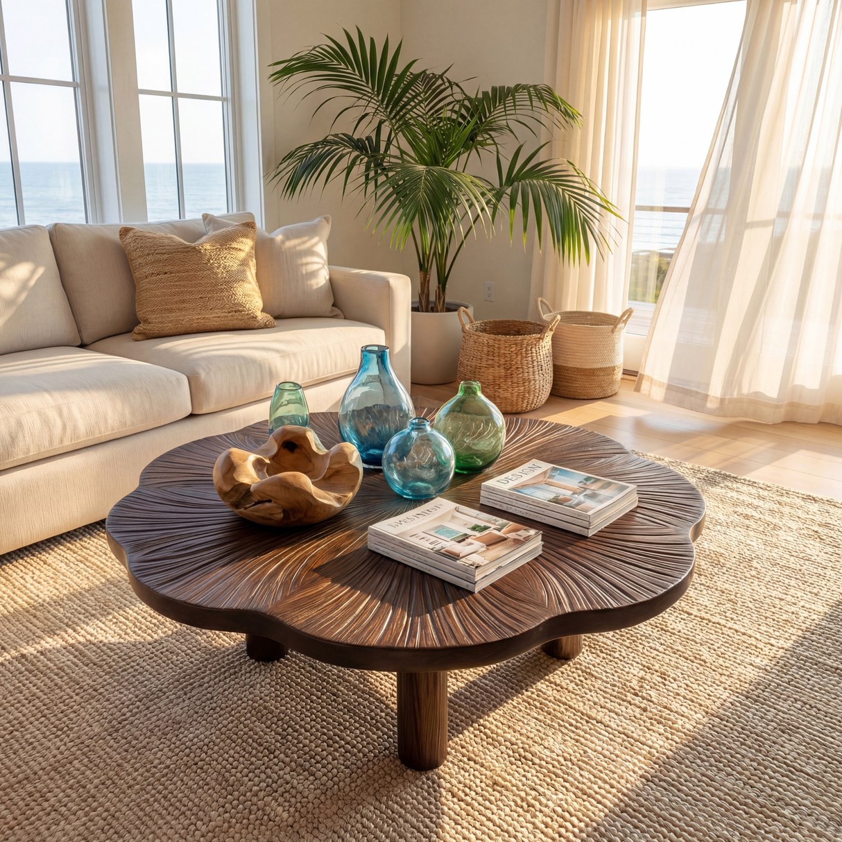 Sculptural Round Coffee Table with Carved Texture Top
